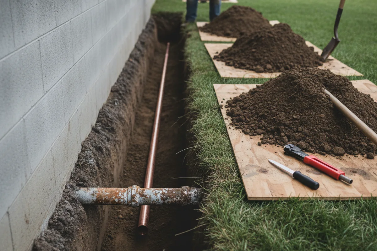 Excavated water line trench during Water Softener Installation in Jessup